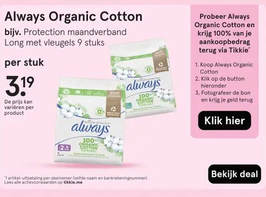 Always Organic Cotton bijv. Protection maandverband Long met vleugels 9 stuks
