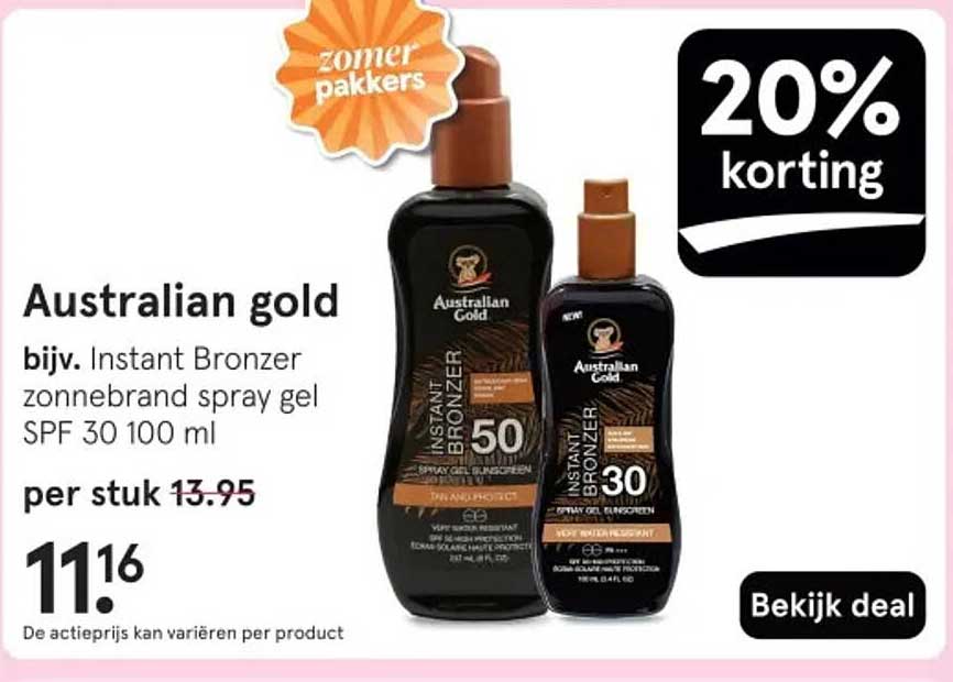 Australian gold bijv. Instant Bronzer zonnebrand spray gel SPF 30 100 ml