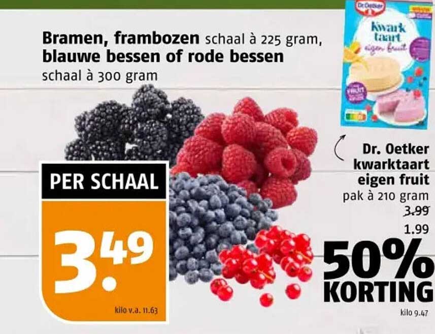 Bramen, frambozen schaal à 225 gram, blauwe bessen of rode bessen schaal à 300 gram