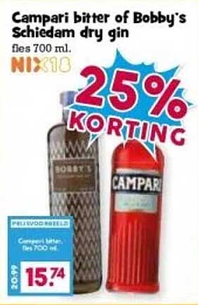 Campari bitter of Bobby's Schiedam dry gin fles 700 ml.