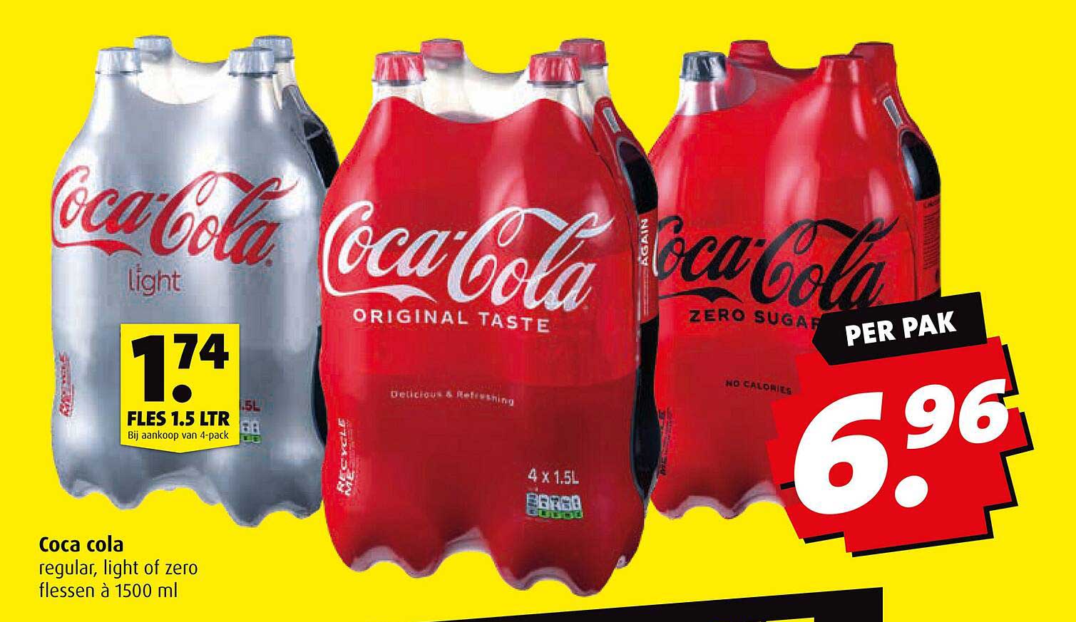 Coca cola regular, light of zero flessen à 1500 ml