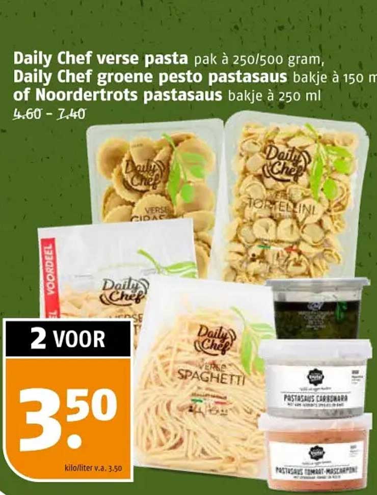 Daily Chef verse pasta pak à 250/500 gram, Daily Chef groene pesto pastasaus bakje à 150 ml of Noordertrots pastasaus bakje à 250 ml