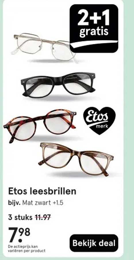 Etos leesbrillen bijv. Mat zwart +1.5 3 stuks 11.97