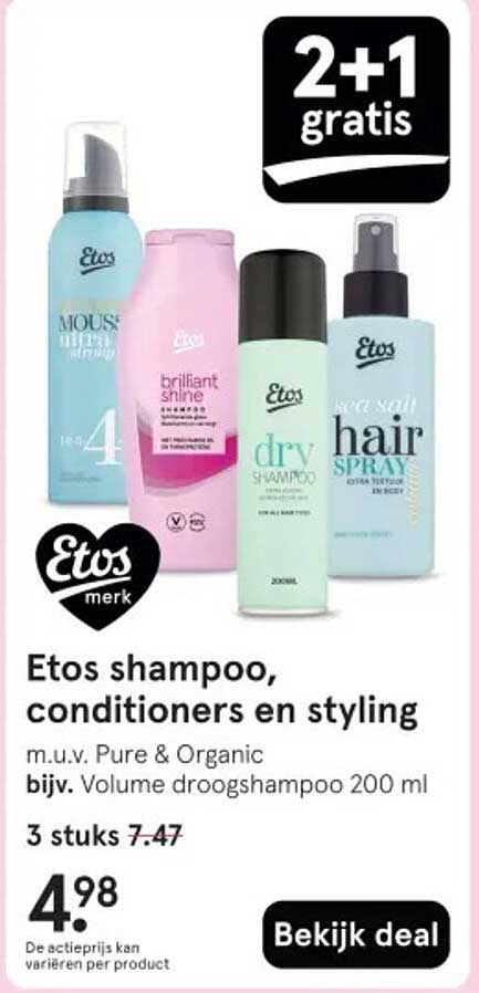 Etos shampoo, conditioners en styling m.u.v. Pure & Organic bijv. Volume droogshampoo 200 ml