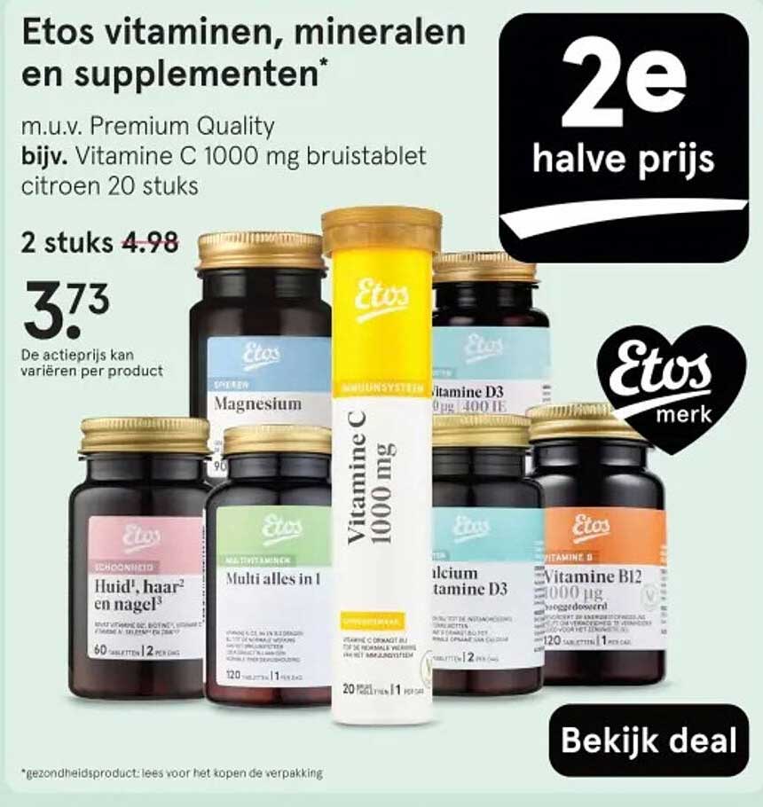 Etos vitamines, mineralen en supplementen* m.u.v. Premium Quality bijv. Vitamine C 1000 mg bruistablet citroen 20 stuks