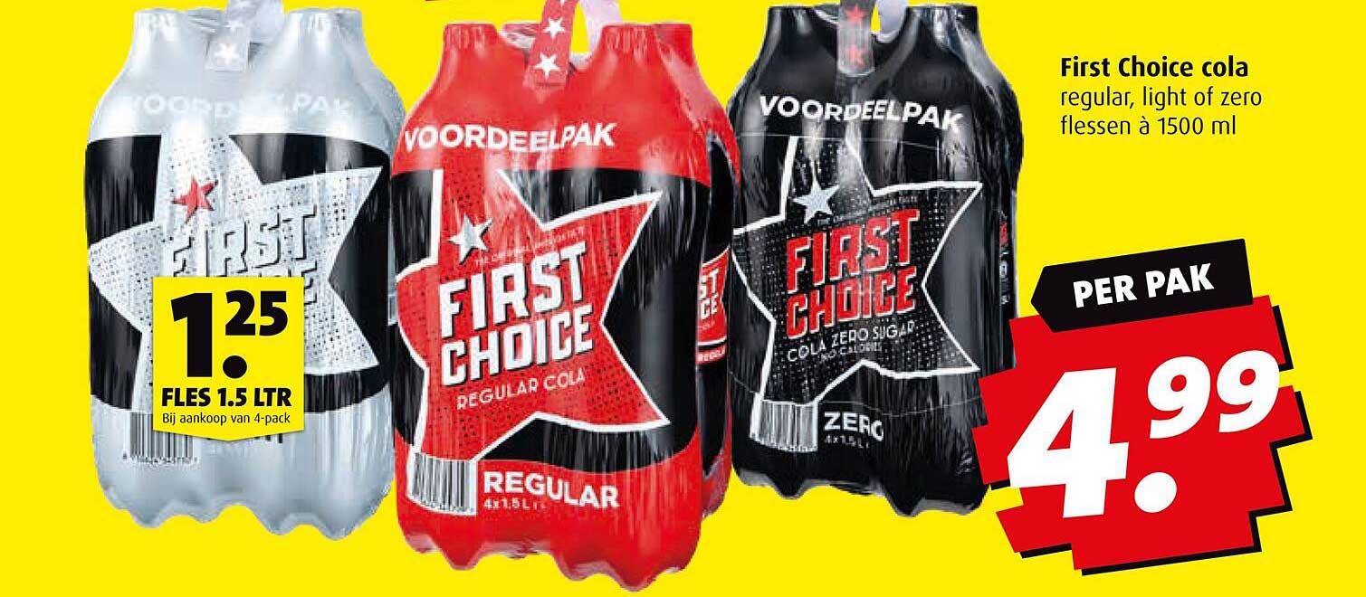 First Choice cola regular, light of zero flessen à 1500 ml