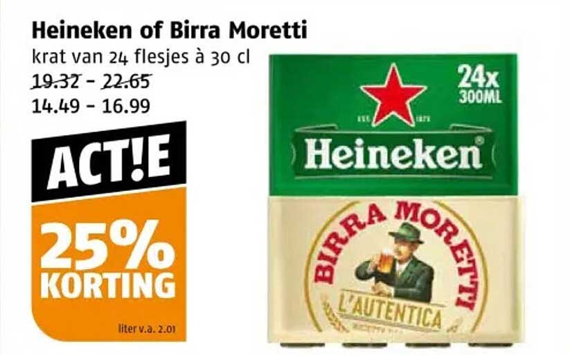 Heineken of Birra Moretti krat van 24 flesjes à 30 cl
