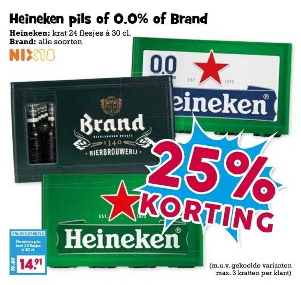 Heineken pils 0.0% of Brand - krat 24 flesjes à 30 cl.