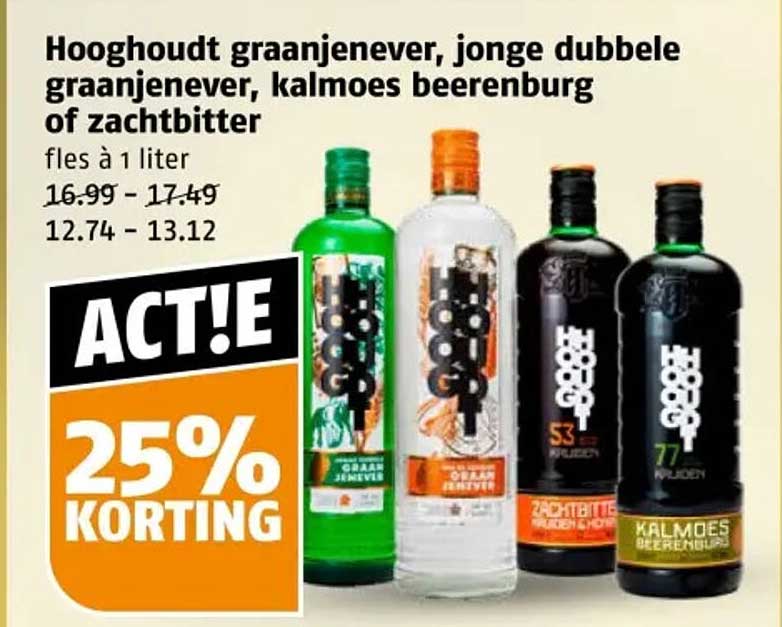 Hooghoudt graanjenever, jonge dubbele graanjenever, kalmoes beerenburg of zachtbitter