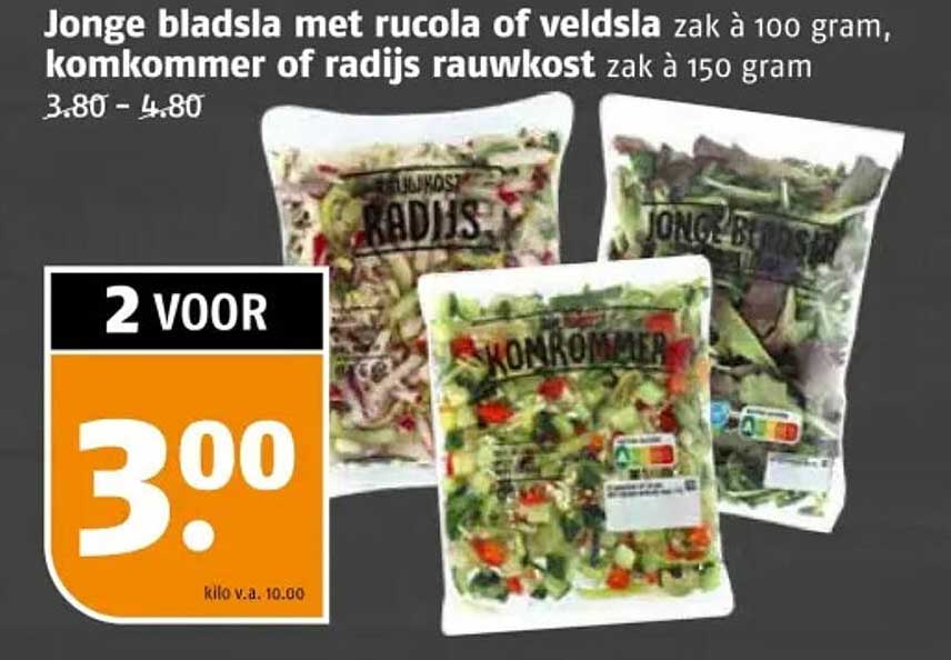 Jonge bladsla met rucola of veldsla zak à 100 gram, komkommer of radijs rauwkost zak à 150 gram
