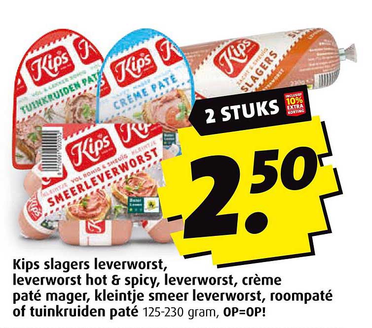 Kips slagers leverworst, leverworst hot & spicy, leverworst, crème paté mager, kleintje smeerleverworst, roompaté of tuinkruiden paté 125-230 gram