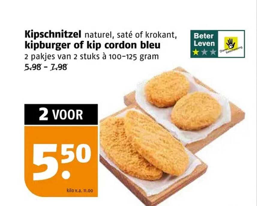 Kipschnitzel natuur, saté of krokant, kipburger of kip cordon bleu 2 pakjes van 2 stuks à 100-125 gram
