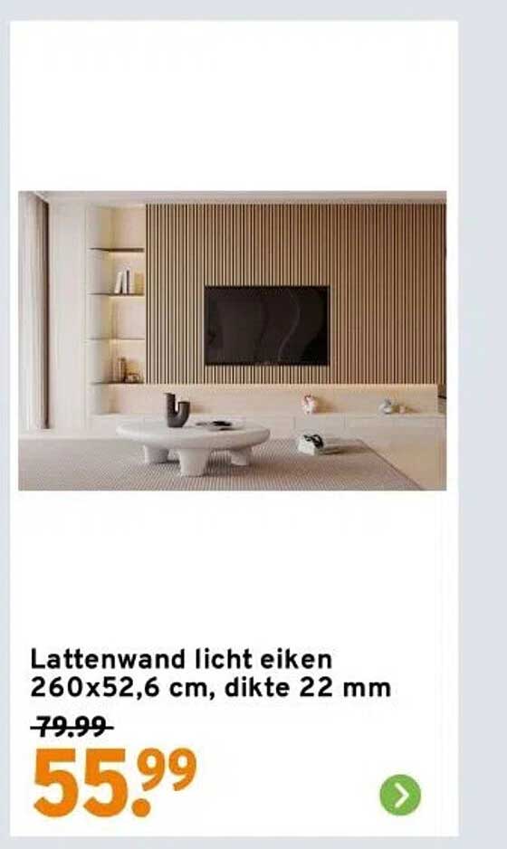 Lattenwand licht eiken 260x52,6 cm, dikte 22 mm