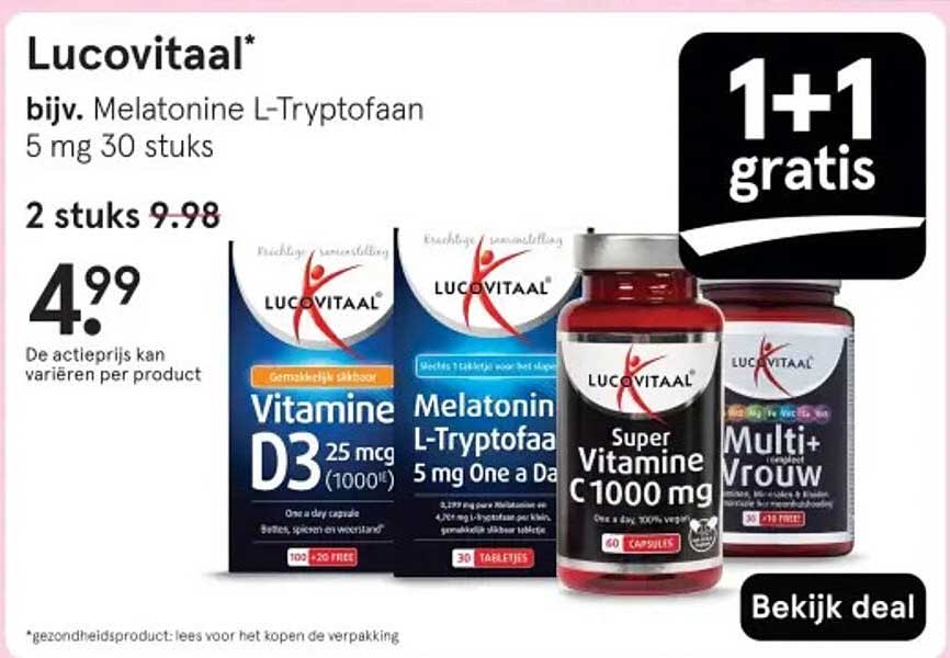 Lucovitaal Melatonine L-Tryptofaaan 5 mg 30 stuks - 2 stuks voor 9,98, nu voor 4,99