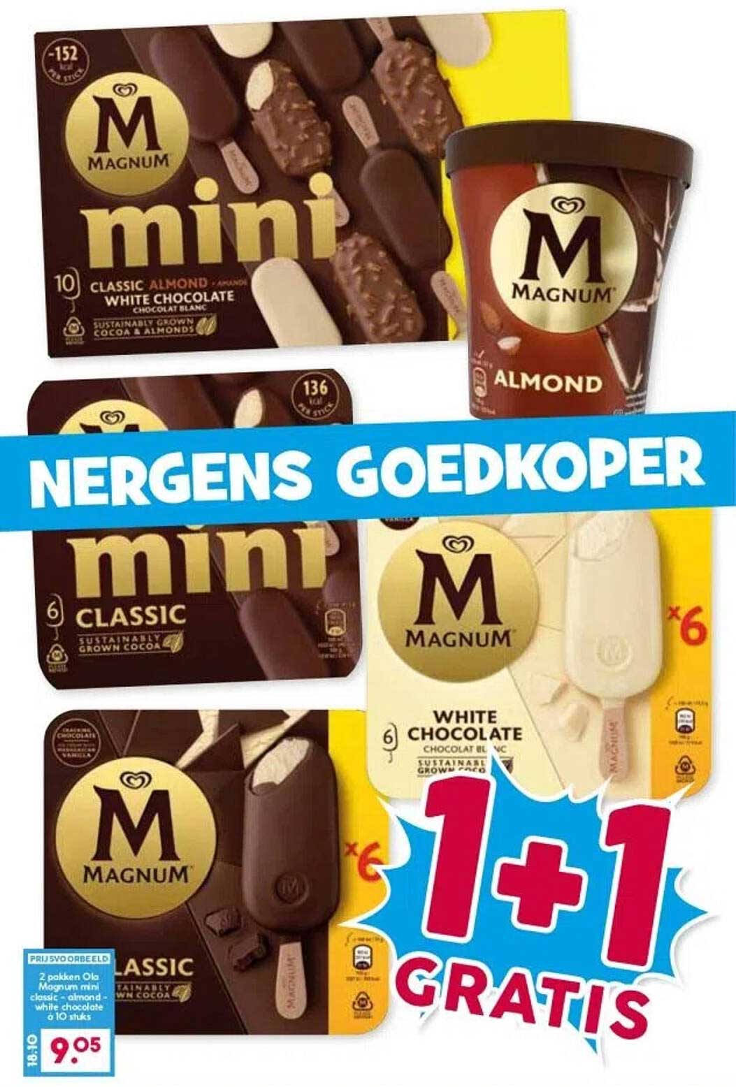 Magnum Mini Classic en Almond 1+1 Gratis aanbieding