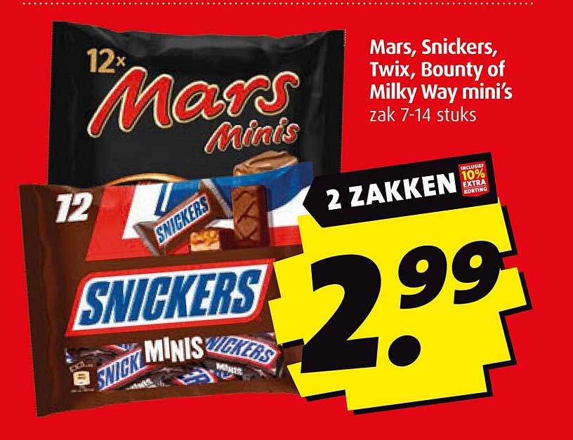 Mars, Snickers, Twix, Bounty of Milky Way mini’s zak 7-14 stuks