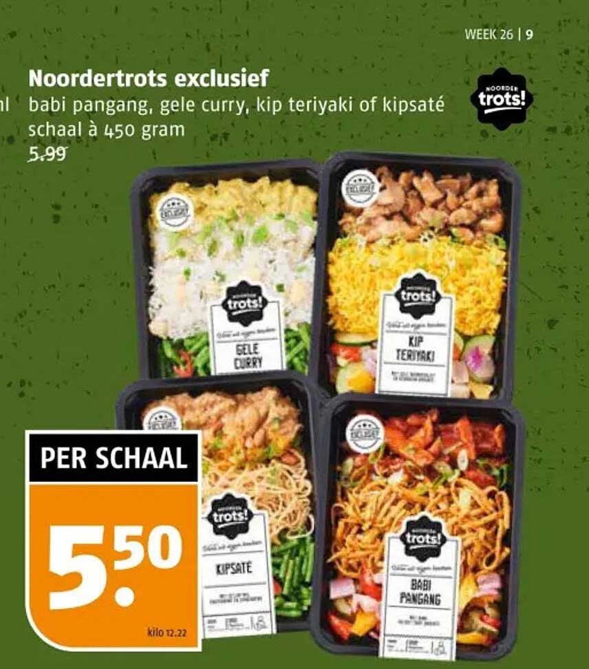 Noordertrots exclusief: babi pangang, gele curry, kip teriyaki of kipsaté schaal à 450 gram
