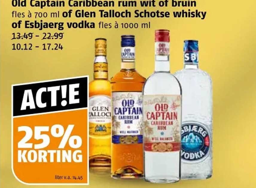 Old Captain Caribbean rum wit of bruin fles à 700 ml of Glen Talloch Schotse whisky of Esbjaerg vodka fles à 1000 ml