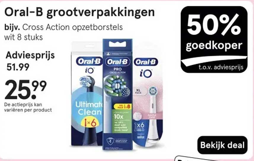 Oral-B grootverpakkingen bijv. Cross Action opzetborstels wit 8 stuks
