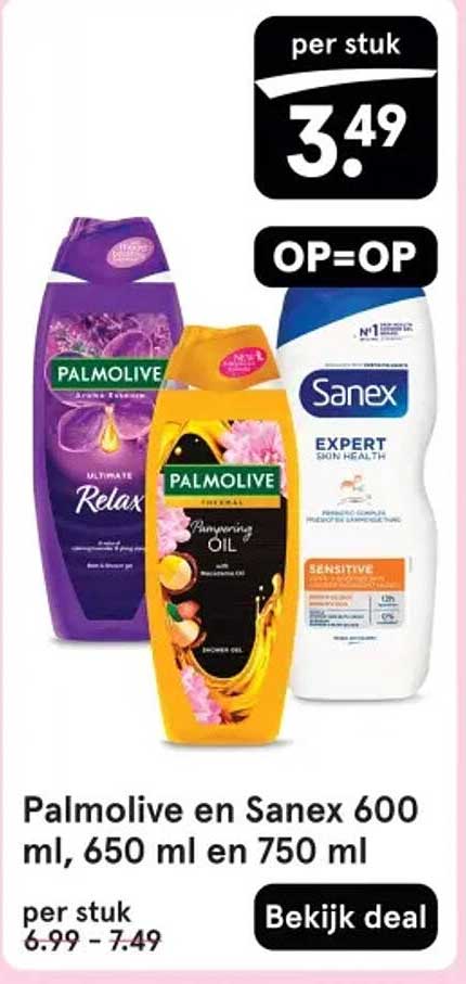 Palmolive en Sanex 600 ml, 650 ml en 750 ml per stuk