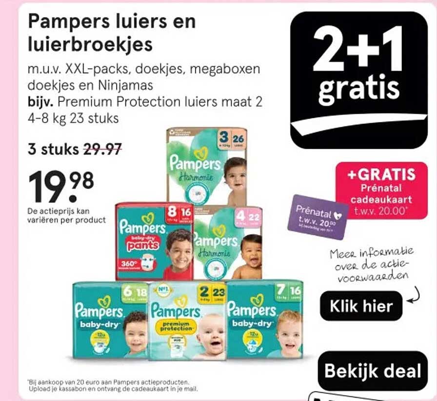 Pampers luiers en luierbroekjes 3 stuks voor 19,98 (normaal 29,97)