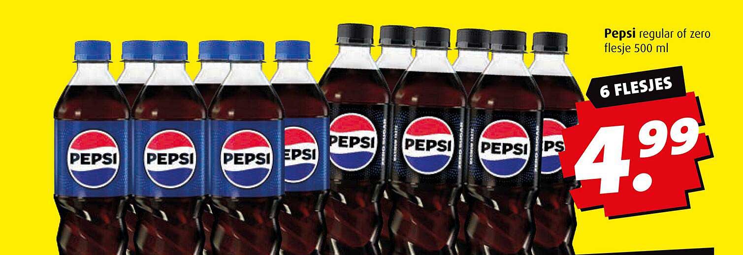 Pepsi regular of zero flesje 500 ml, 6 flesjes