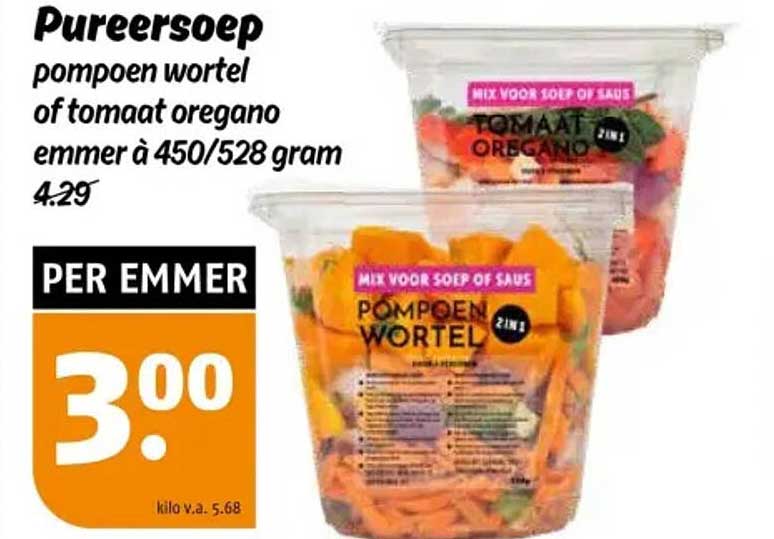 Pureersoep pompoen wortel of tomaat oregano emmer à 450/528 gram