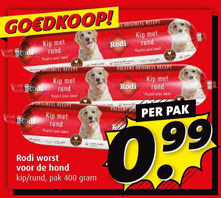 Rodi worst voor de hond kip/rund, pak 400 gram