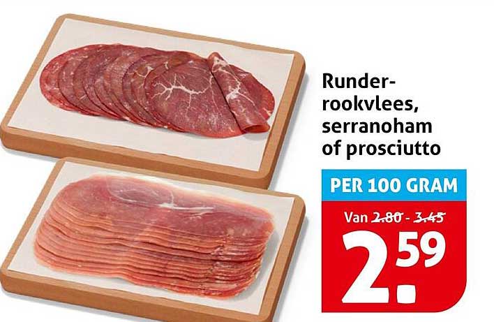 Runderrookvlees, serranoham of prosciutto per 100 gram