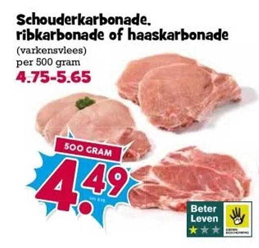 Schouderkarbonade, ribkarbonade of haaskarbonade (varkensvlees) per 500 gram