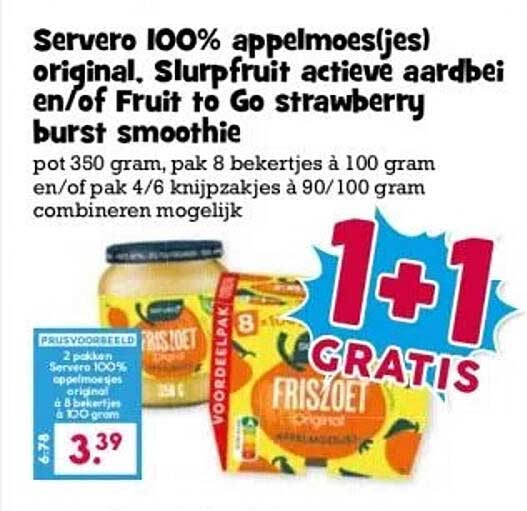 Servero 100% appelmoes(jes) original, Slurpfruit actieve aardbei en/of Fruit to Go strawberry burst smoothie