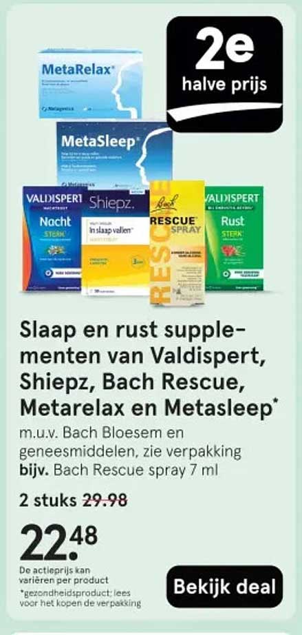 Slaap en rust supplementen van Valdispert, Shiepz, Bach Rescue, Metarelax en Metasleep*