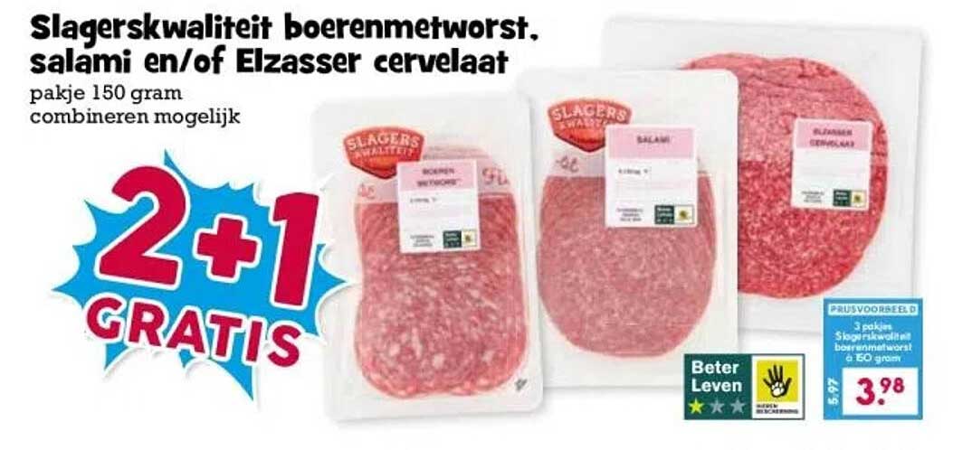 Slagerskwaliteit boerenmetworst, salami en/of Elzasser cervelaat
