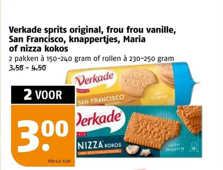 Verkade sprits original, frou frou vanille, San Francisco, knappertjes, Maria of nizza kokos