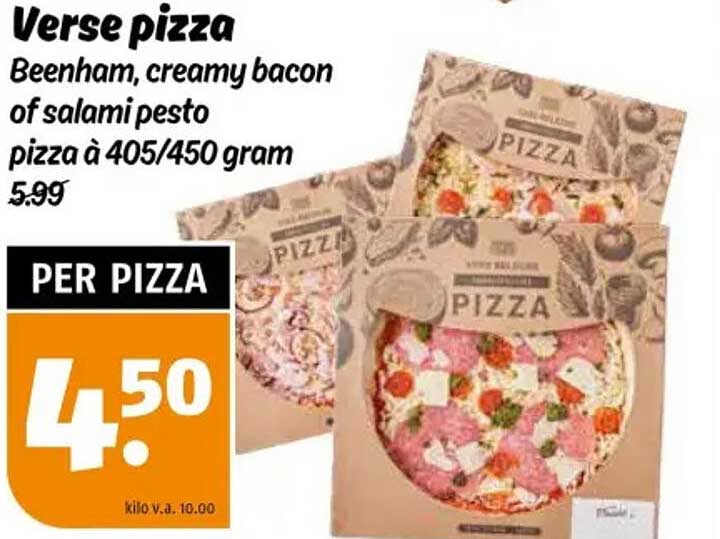 Verse pizza Beenham, creamy bacon of salami pesto pizza à 405/450 gram