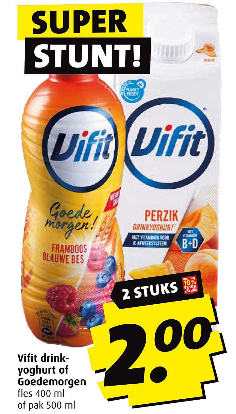 Vifit drink-yoghurt of Goedemorgen fles 400 ml of pak 500 ml