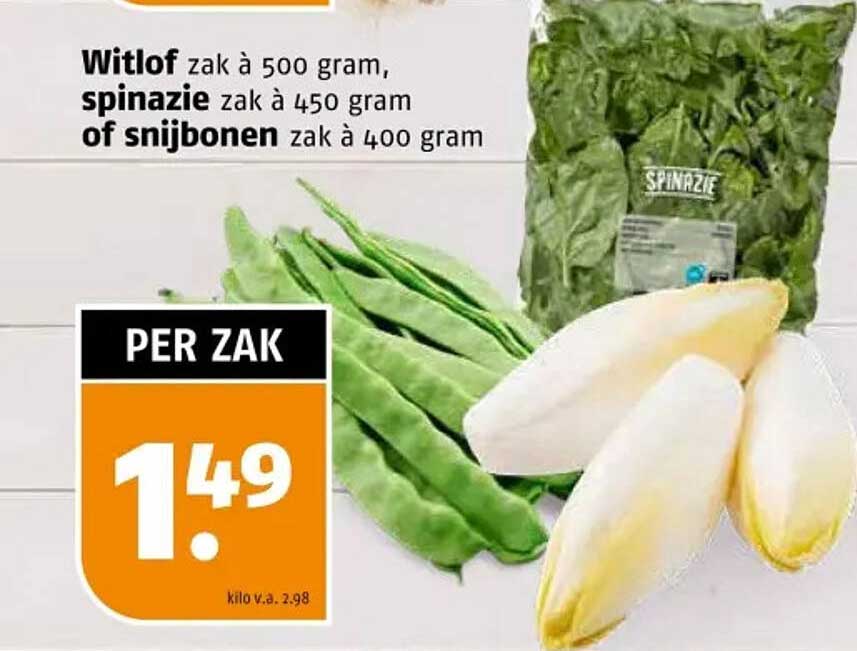 Witlof zak à 500 gram, spinazie zak à 450 gram of snijbonen zak à 400 gram