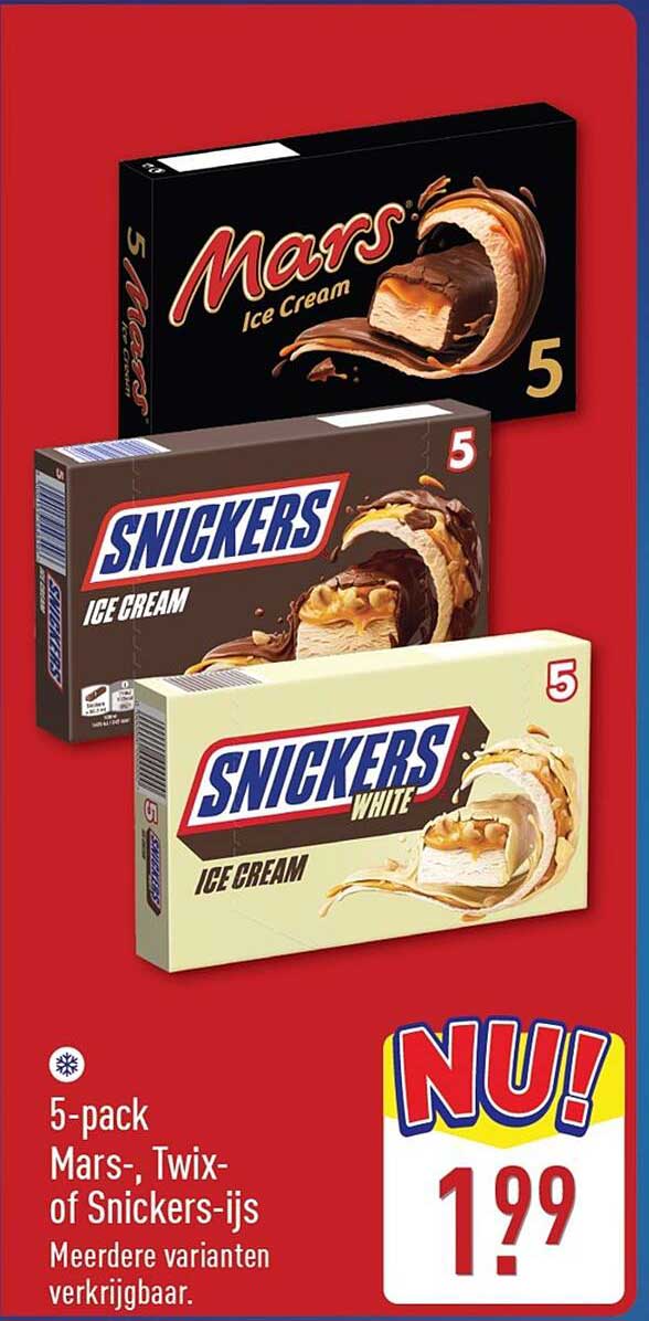 5-pack Mars-, Twix- of Snickers-ijs Meerdere varianten verkrijgbaar.