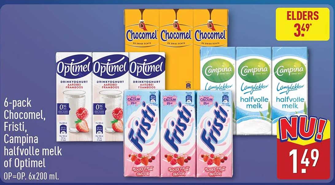 6-pack Chocomel, Fristi, Campina halfvolle melk of Optimel