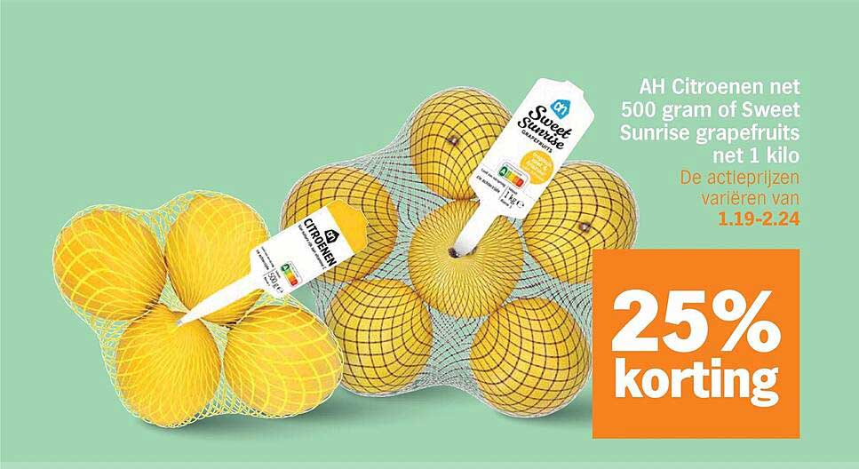 AH Citroenen net 500 gram of Sweet Sunrise grapefruits net 1 kilo 25% korting