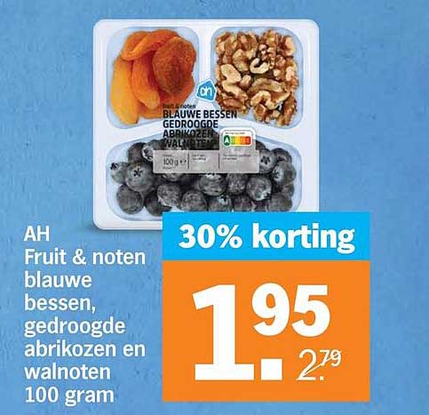 AH Fruit & noten blauwe bessen, gedroogde abrikozen en walnoten 100 gram 30% korting