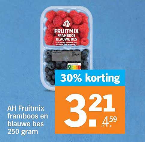 AH Fruitmix framboos en blauwe bes 250 gram 30% korting