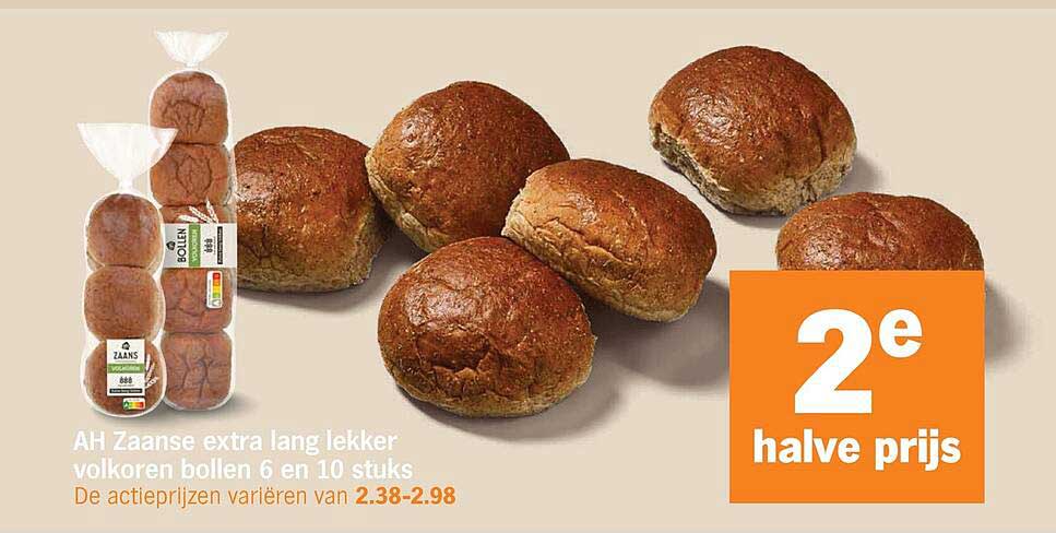 AH Zaanse extra lang lekker volkoren bollen 6 en 10 stuks 2e halve prijs