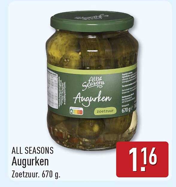 ALL SEASONS Augurken Zoetzuur. 670 g.