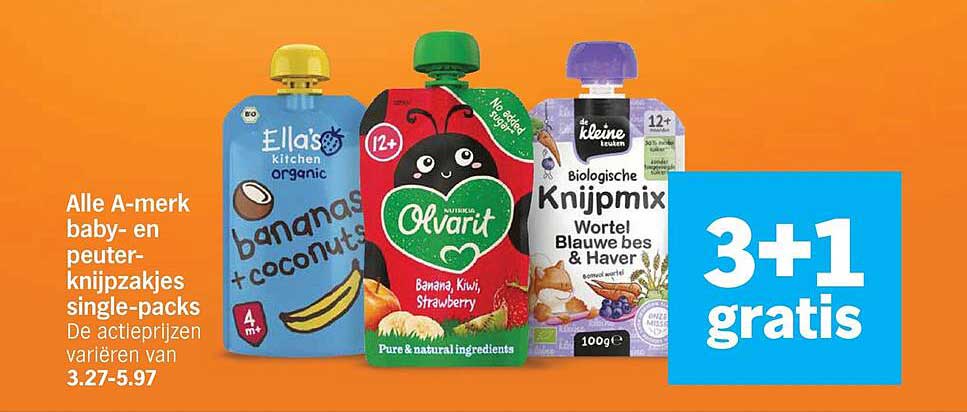 Alle A-merk baby- en peuter-knijpzakjes single-packs 3+1 gratis