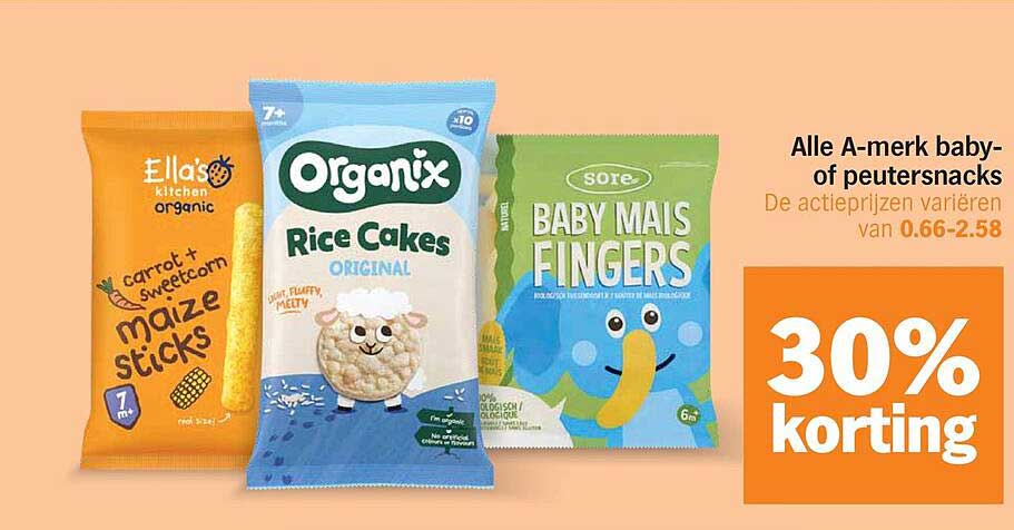 Alle A-merk baby- of peutersnacks 30% korting