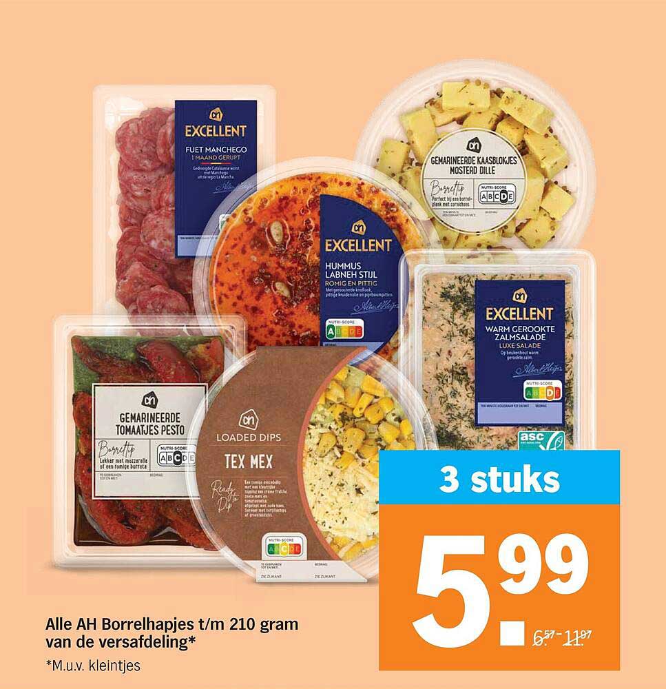 Alle AH Borrelhapjes t/m 210 gram van de versafdeling*