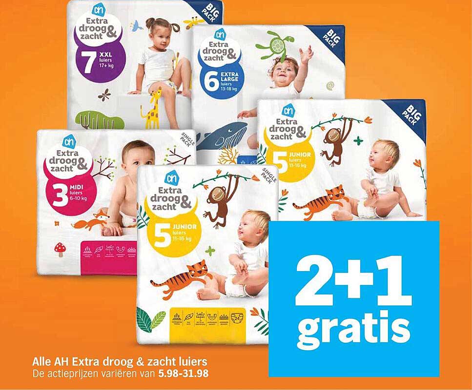 Alle AH Extra droog & zacht luiers 2+1 gratis