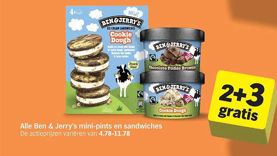 Alle Ben & Jerry's mini-pints en sandwiches 2+3 gratis