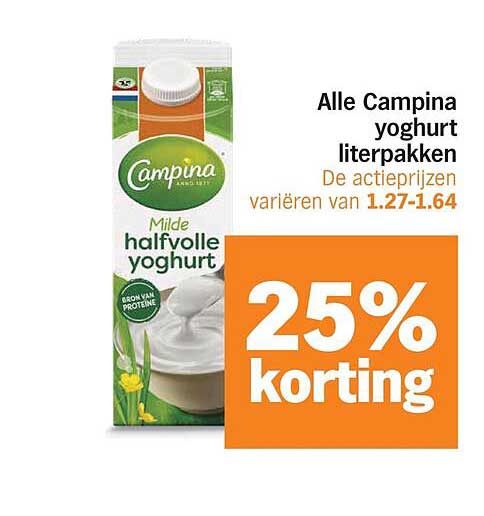 Alle Campina yoghurt literpakken 25% korting